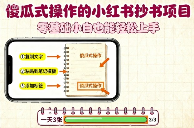 傻瓜式操作的小红书抄书项目，会复制粘贴就行，零基础小白也能一天3张-老K资源网