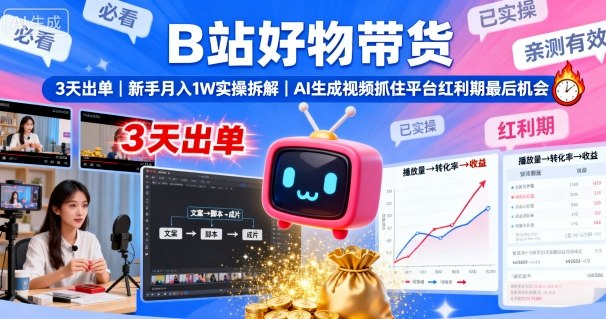 B站好物带货，3天出单，新手月入1W实操拆解，AI生成视频，抓住平台红利期最后机会-老K资源网