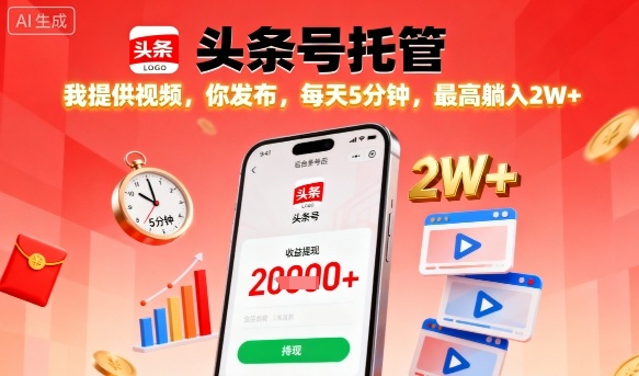 【头条号托管】我提供视频，你发布，每天5分钟，最高躺入2W+【揭秘】-老K资源网