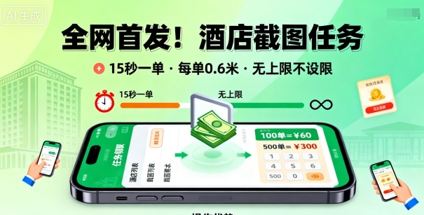 全网首发！酒店截图任务，15秒一单，每单0.6米，任务无上限不设限，矩阵操作单日3张到手【揭秘】-老K资源网