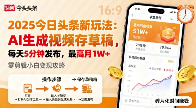 2025年今日头条躺賺新玩法，AI生成视频存草稿，每天5分钟发布，最高月1W+【揭秘】-老K资源网
