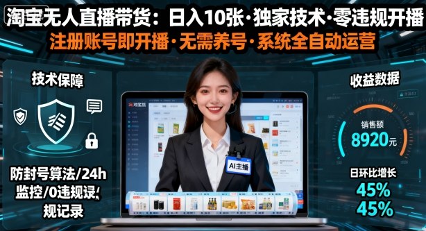 【最新】淘宝无人直播带货，日入10张，独家技术，无违规无封号，注册账号直接开播，不用养号【揭秘】-老K资源网