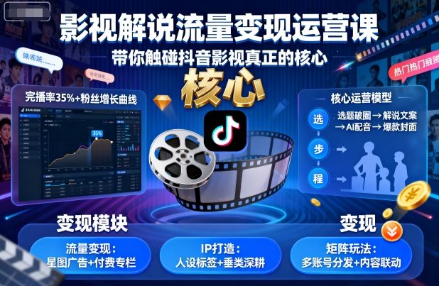 影视解说流量变现运营课，带你触碰抖音影视真正的核心-老K资源网