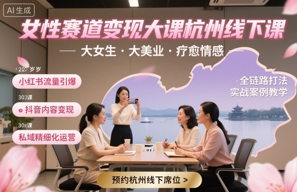 女性赛道变现大课杭州线下，大女生，大美业，疗愈情感，一套小红书、抖音、私域全链路打法-老K资源网