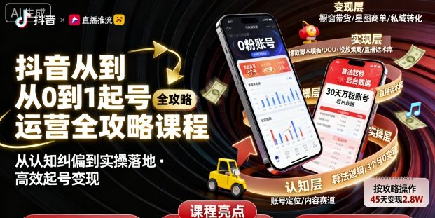 抖音从0到1起号运营全攻略课程，从认知纠偏到实操落地，高效起号变现-老K资源网