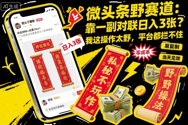 微头条野赛道，靠一副对联日入3张？我这操作太野，平台都拦不住！-老K资源网