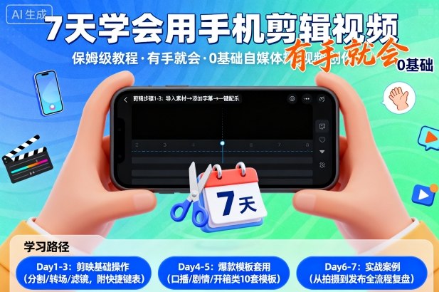 7天学会用手机剪辑视，保姆级教程，有手就会，0基础自媒体短视频创作教程-老K资源网