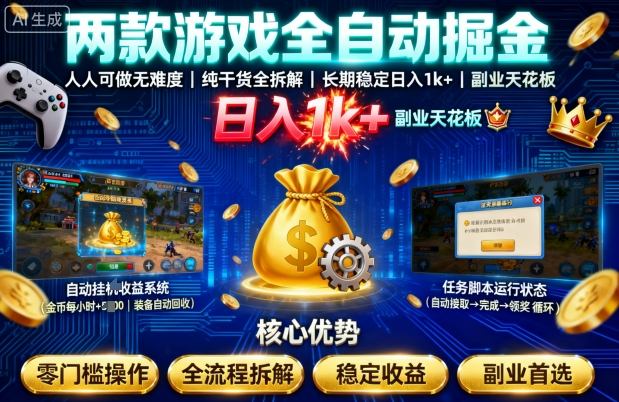 两款游戏全自动掘金，人人可做无难度，纯干货全拆解，长期稳定，日入1k+，副业天花板【揭秘】-老K资源网