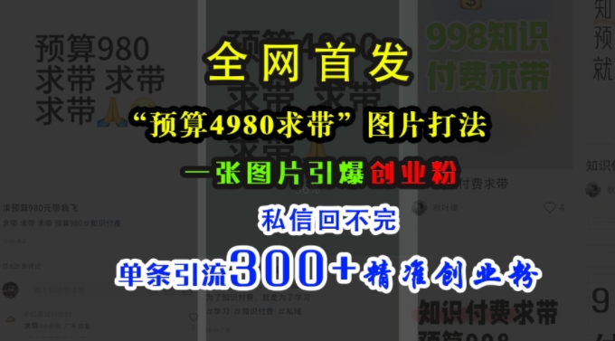 小红书“预算4980带我飞”图片打法，一张图片引爆创业粉，私信回不完，单条引流300+精准创业粉-轻创联盟