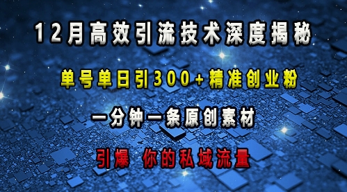 最新高效引流技术深度揭秘 ，单号单日引300+精准创业粉，一分钟一条原创素材，引爆你的私域流量-轻创联盟
