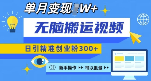 无脑搬运视频号可批量复制，新手即可操作，日引精准创业粉300+，月变现过W -轻创联盟