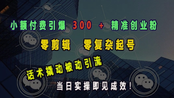 小额付费引爆 300 + 精准创业粉，零剪辑、零复杂起号，话术撬动被动引流，当日实操即见成效-轻创联盟