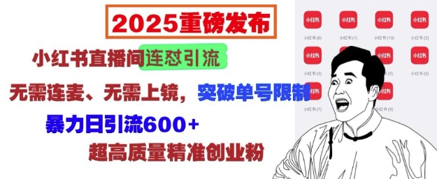 2025重磅发布：小红书直播间连怼引流，无需连麦、无需上镜，突破单号限制，暴力日引流600+-轻创联盟