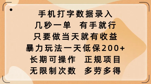 手机打字数据录入，几秒一单，有手就行，只要做当天就有收益，暴力玩法一天低保2张-轻创联盟