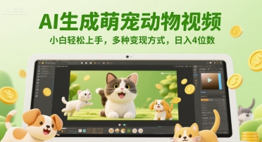 AI生成萌宠动物视频，小白轻松上手，多种变现方式，日入4位数-轻创联盟