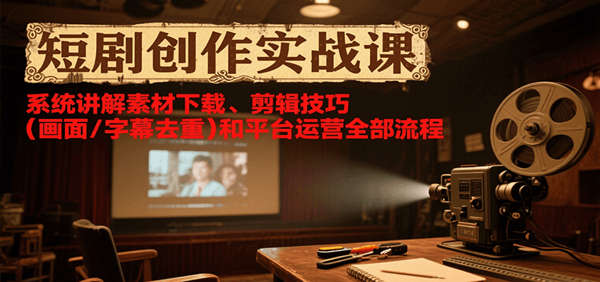 短剧创作实战课，系统讲解素材下载、剪辑技巧（画面/字幕去重）和平台运营全部流程-轻创联盟
