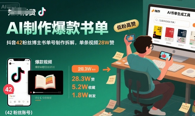 AI制作爆款书单，抖音42粉丝博主书单号制作拆解，单条视频28W赞-轻创联盟