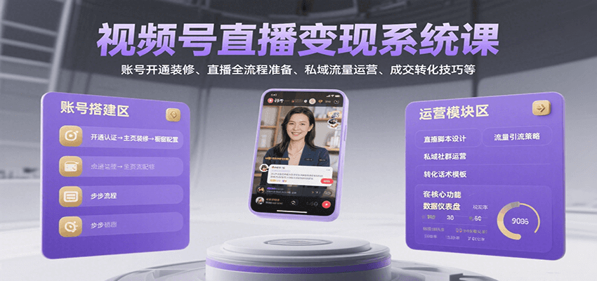 视频号直播变现系统课，账号开通装修、直播全流程准备、私域流量运营、成交转化技巧等-轻创联盟