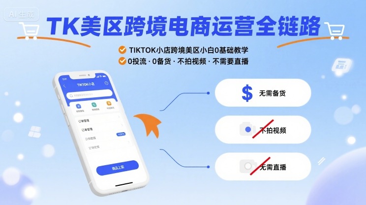 TK美区跨境电商运营全链路，TIKTOK小店跨境美区小白0基础教学，0投流0备货不拍视频不需要直播-轻创联盟