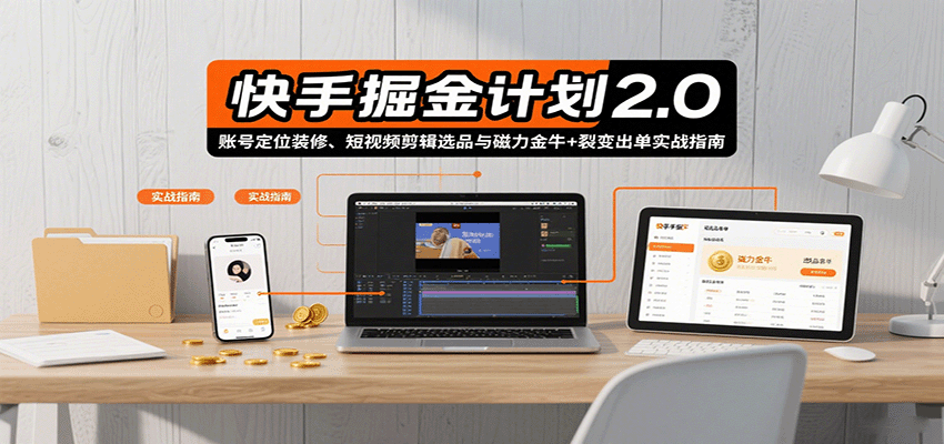快手掘金计划2.0，账号定位装修、短视频剪辑选品与磁力金牛+裂变出单实战指南-轻创联盟