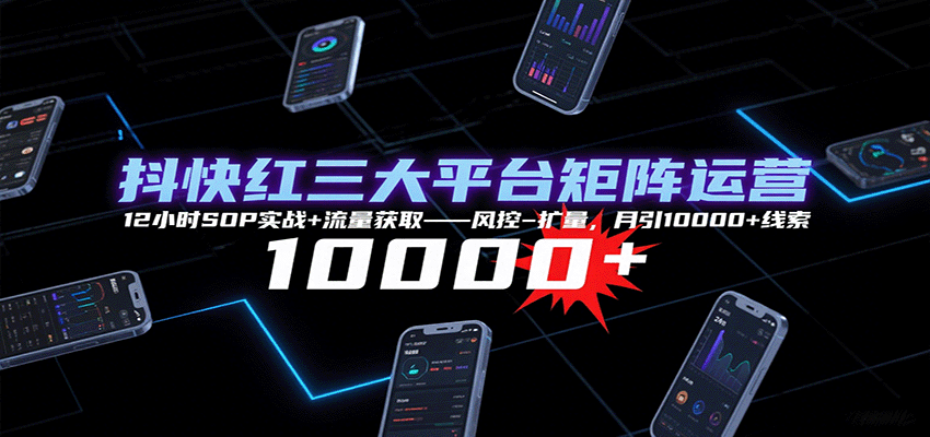 抖快红三大平台矩阵运营，12小时SOP实战+流量获取-风控-扩量，月引10000+线索-轻创联盟